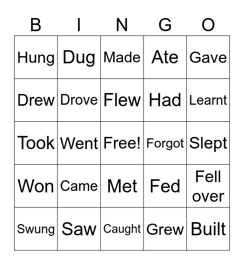 Irregular Verb Bingo Card