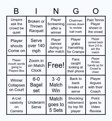 Tennis Bingo 2026 Bingo Card