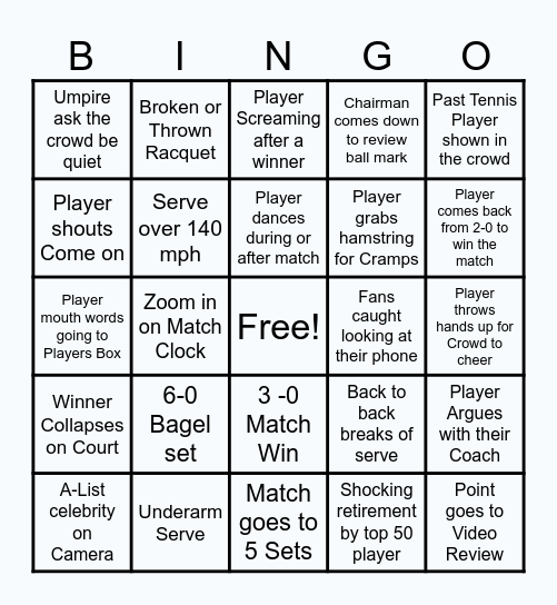 Tennis Bingo 2026 Bingo Card
