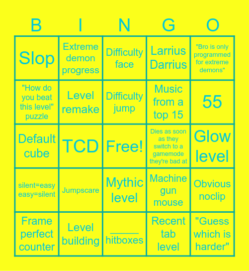 Geometry Dash Shorts Bingo Card