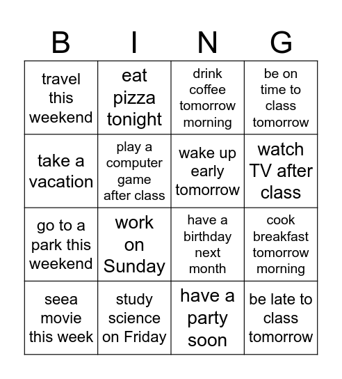 "Going To" Bingo Card