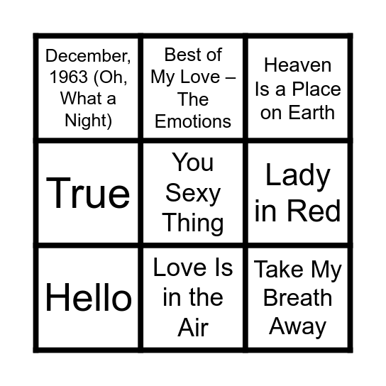 70s & 80s Love Songs Bingo Card