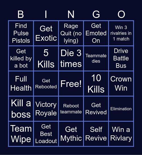Fortnite Bingo Card