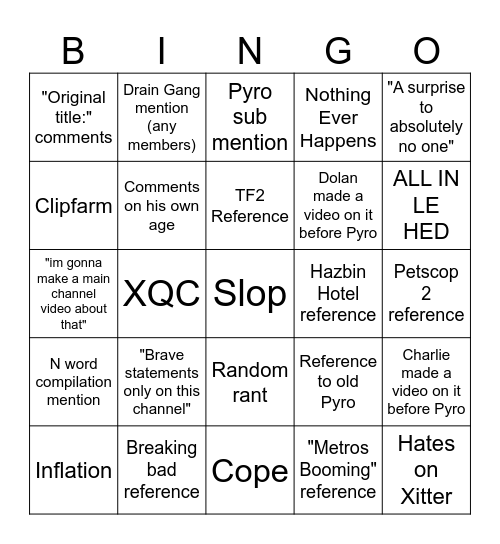 PyroLIVE Bingo Card
