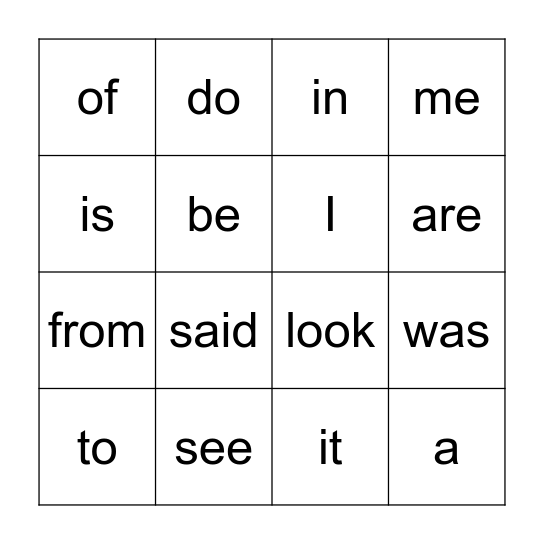 Sight Word Bingo Card