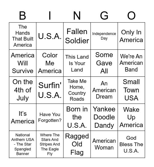 Memorial Day Music Bingo Card