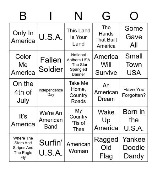 Memorial Day Music Bingo Card