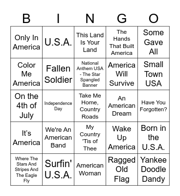 Memorial Day Music Bingo Card