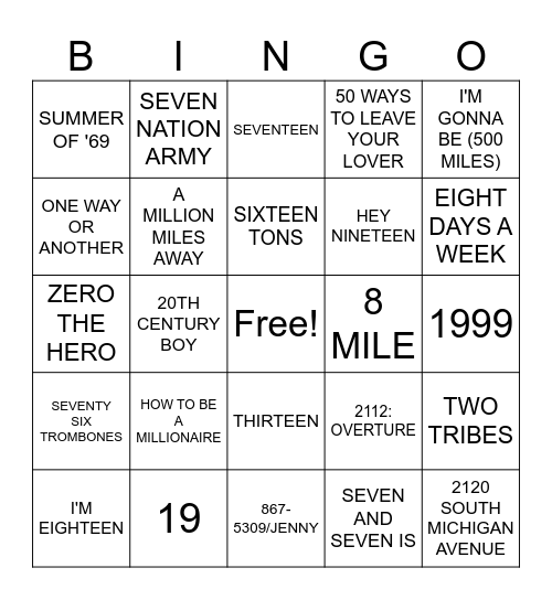 Numbers Bingo Card