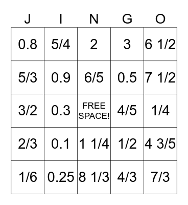 JACOB'S FRACTION AND DECIMAL CONVERSION GAME Bingo Card