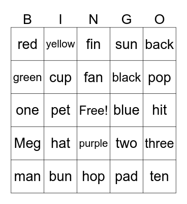 cvc words Bingo Card