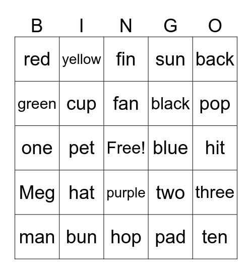 cvc words Bingo Card