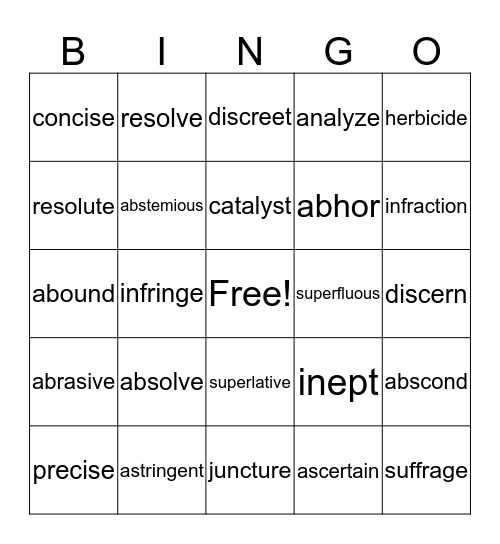 Vocabulary Bingo Card