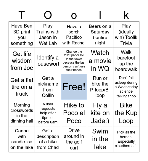 Toolik Bingo Card