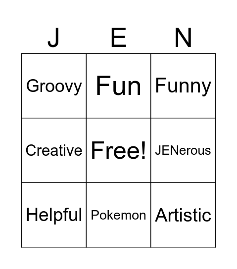 Jen's Bingo Game Bingo Card