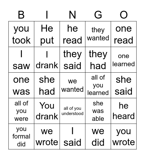 Irregular past participle with avoir Bingo Card