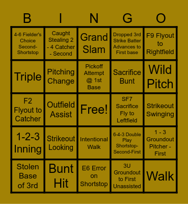 Golden Warrior Baseball Bingo Card