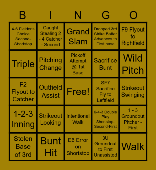 Golden Warrior Baseball Bingo Card
