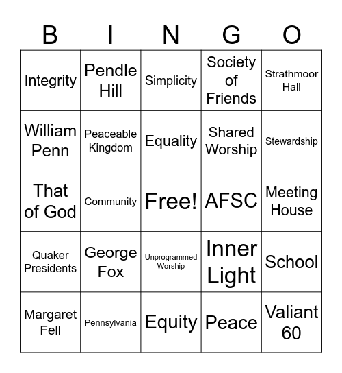Quaker Bingo Card