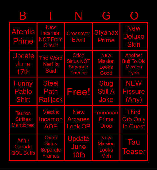 May 2026 Warframe Devstream Bingo Card