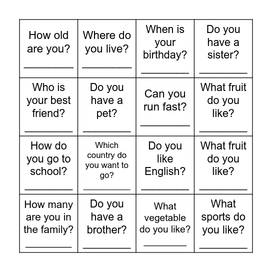 Conversation Bingo Card