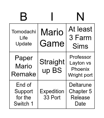 Nintendo Direct June 2026 Bingo Card