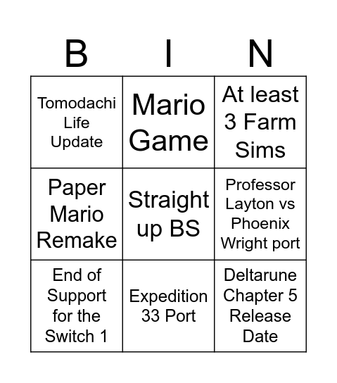 Nintendo Direct June 2026 Bingo Card