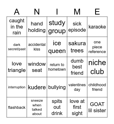 Romance Anime Bingo Card