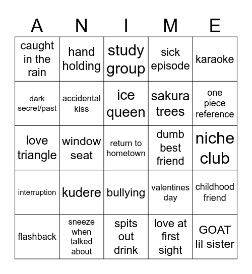 Romance Anime Bingo Card