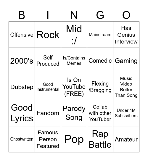 YOUTUBE MUSIC BINGO Card