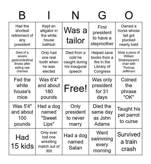 Which President Is It? Bingo Card