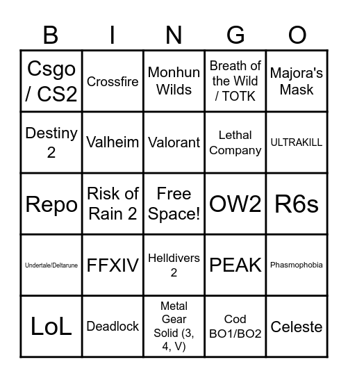 Kari Favorite Game bingo Card