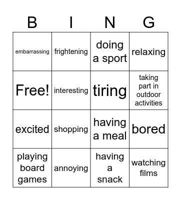 Activities and Emotions Bingo Card