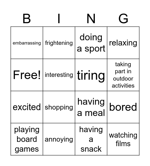 Activities and Emotions Bingo Card