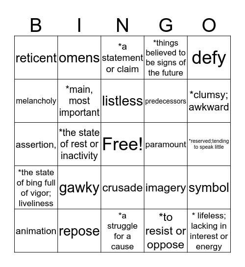 Weeks 20 and 21 Bingo Card