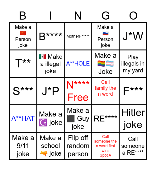 Racist/offensive slurs and things 😡🤬🖕😳💩 Bingo Card