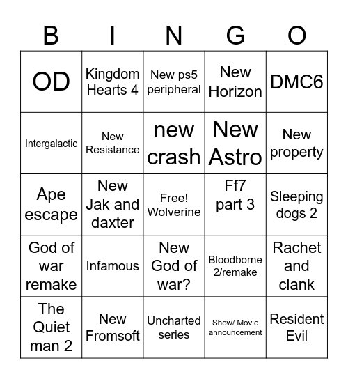 Playstation bingo Card