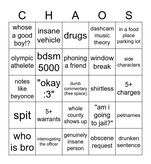 bodycam bingo Card