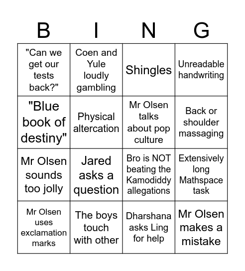 Maths Bingo Card