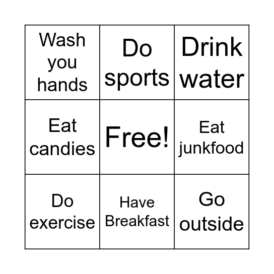 Healthy and Unhealthy habits Bingo Card