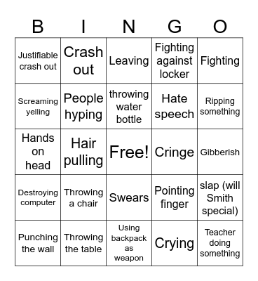 School crash outs Bingo Card
