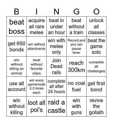 dead rails Bingo Card