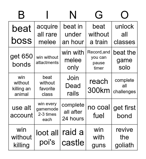dead rails Bingo Card