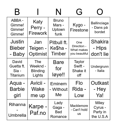 Bare for løye musikk bingo 1 Bingo Card