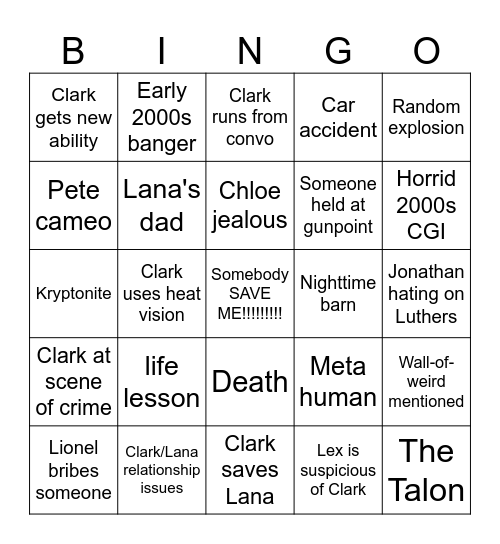 Smallville Bingo Card