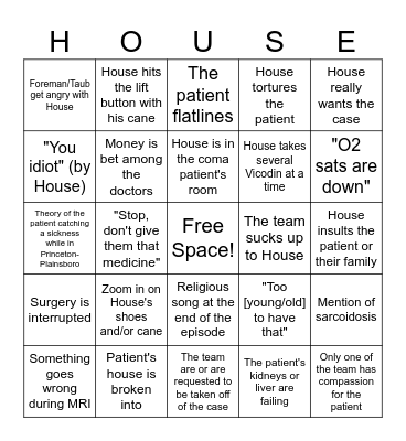 House M.D. Bingo Card