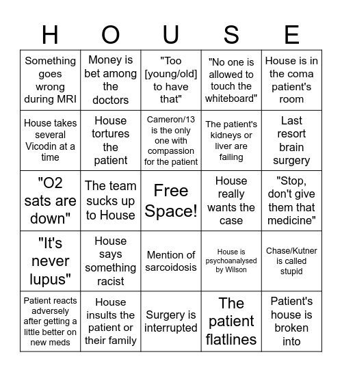 House M.D. Bingo Card