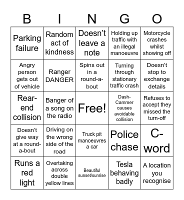 Dash Cam Bingo Card