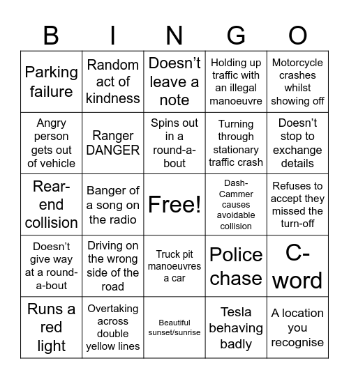 Dash Cam Bingo Card