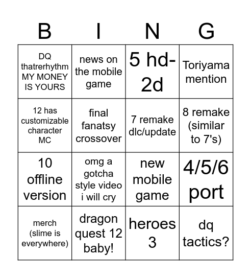 dragon quest presents Bingo Card